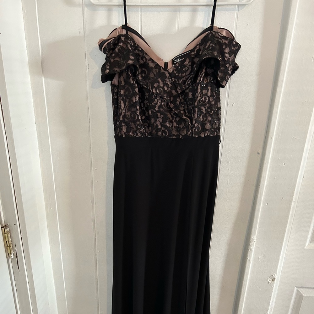 Morgan & Co long dress with slit on leg and off shoulders